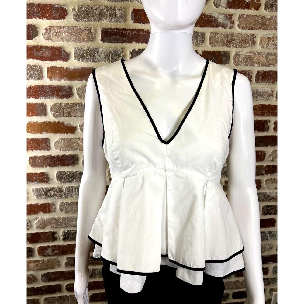 Zara Trafeluc Sleeveless V Neck Ruffle Peplum White W Black Piping Women's S